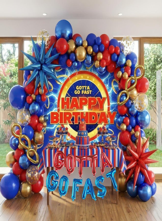 kozee Red Blue Gold Hedgehog Birthday Party Decorations with small balloon arches gotta go fast Letter Star foil balloons backdrop for video game Cartoon Movies Super hero themed birthday party decor - Image 2