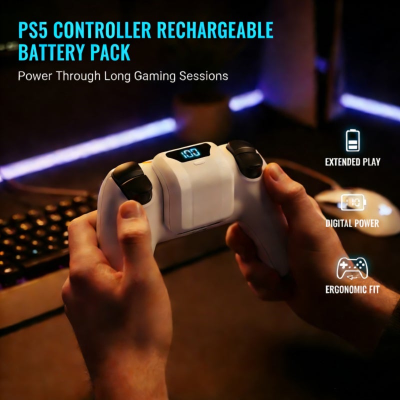 بطارية وحدة تحكم بلاي ستيشن 5 (PS5) 55*54*39 مم لون أبيض مع شاشة رقمية مصممة بأضواء LED - حزمة بطارية ليثيوم قابلة لإعادة الشحن عالية السعة 1500 مللي أمبير ساعة للجلسات الطويلة للعب الألعاب، والخروج إلى ملاهي خارج الشبكة (التخييم خارج الشبكة) - Image 4