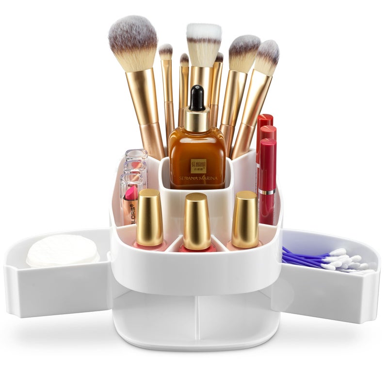 Masirs Small Rotating Makeup Organizer - A Mini Yet Spacious Cosmetic Storage Solution with Multiple Compartments. The Perfect Spinning Make-Up Caddy for Vanity or Bathroom Counter. (Square - White) - Image 1