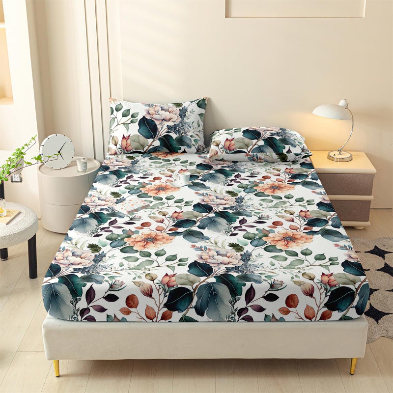 LweiPsqLin Full Size Fitted Sheet - Floral Brushed Microfiber Bed Sheet with 15 Inch Deep Pocket Elastic Edges - Shrink & Fade Resistant, Botanical Print Bedding - Image 1