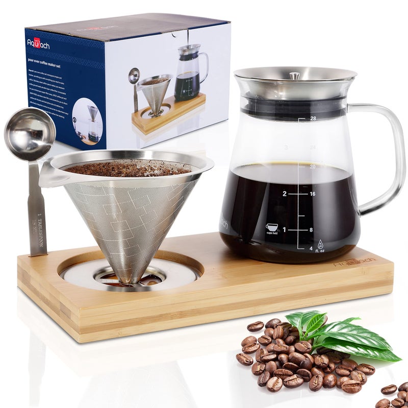 Aquach Aquach Pour Over Coffee Maker Set with Extra Large Coffee Dripper 28 oz Glass Carafe Stainlesss Steel Coffee Scoop and Bamboo Storage Tray Unique Set for Home or Office