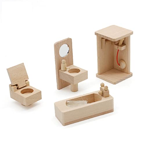 AUTHFORT Doll House Miniature Wooden Furniture Bathroom Set Dollhouse Chair Dresser Bathtub Toilet Doll House Stacking and Painting KIT, Stacking Game for Kids - Image 2