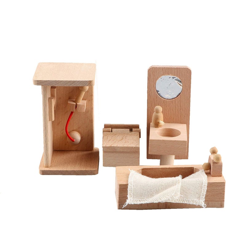 AUTHFORT Doll House Miniature Wooden Furniture Bathroom Set Dollhouse Chair Dresser Bathtub Toilet Doll House Stacking and Painting KIT, Stacking Game for Kids - Image 5