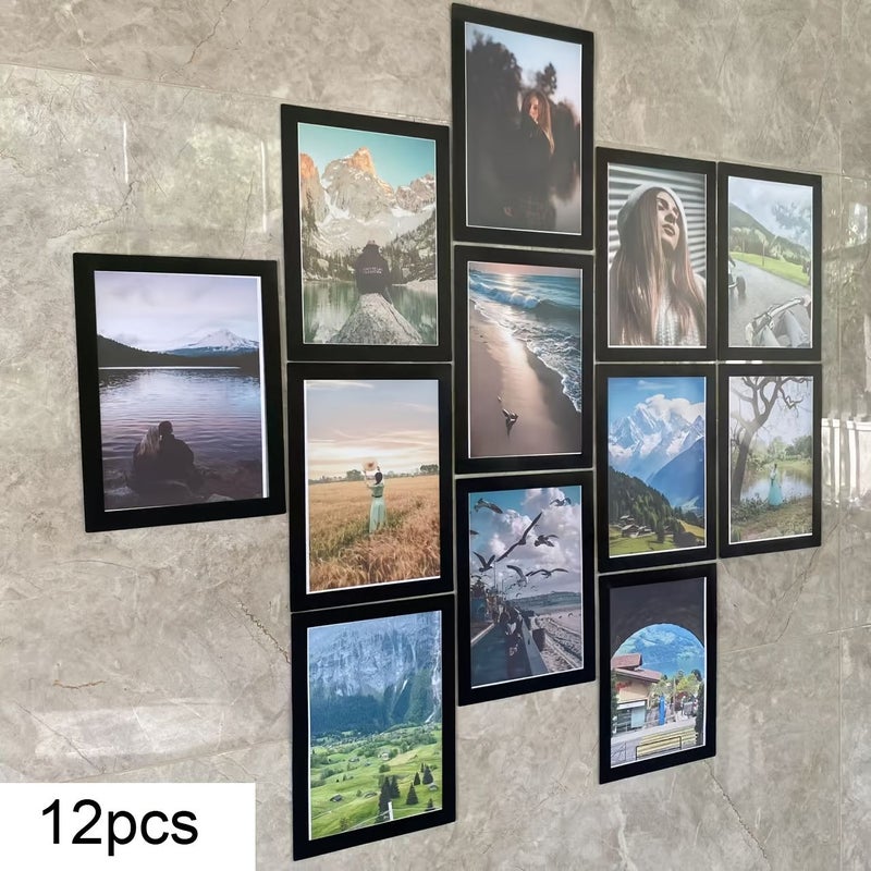 مجموعة من 12 إطارًا مغناطيسيًا للصور بحجم A5 وA6، باللون الذهبي، قابلة لإعادة الاستخدام للالتصاق على الثلاجة أو الجدار لعرض الصور والأعمال الفنية والشهادات. - Image 1