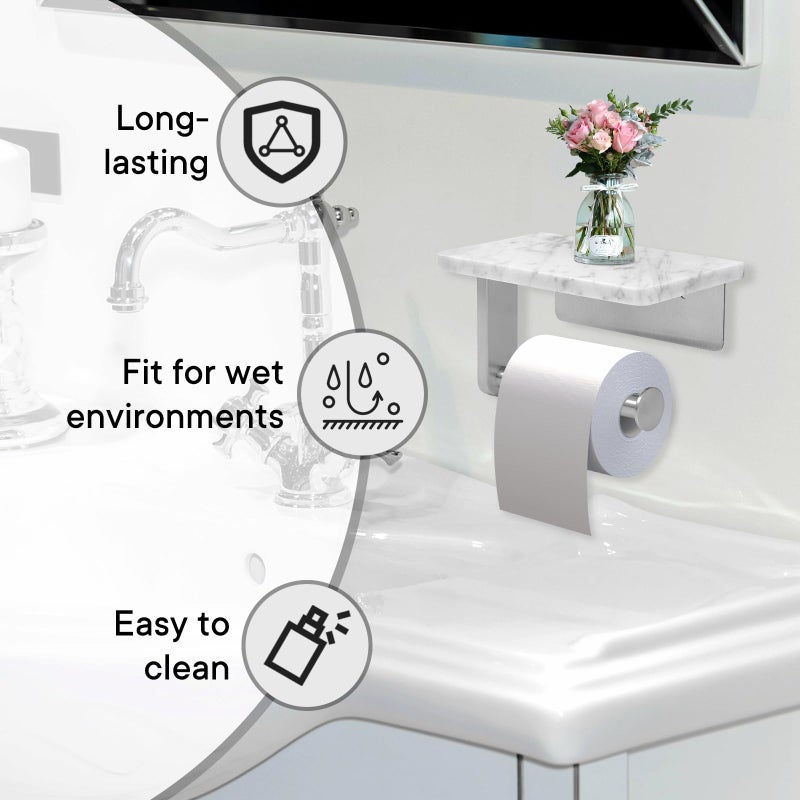 Nodafuer Toilet Paper Holder with Natural Marble Shelf for Bathroom Washroom Wall Mounted Tissue Holder Suitable for Mega Roll (Brushed Nickel Small 6.7 * 4.3 in) - Image 5