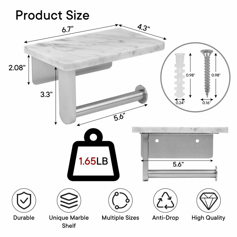 Nodafuer Toilet Paper Holder with Natural Marble Shelf for Bathroom Washroom Wall Mounted Tissue Holder Suitable for Mega Roll (Brushed Nickel Small 6.7 * 4.3 in) - Image 2