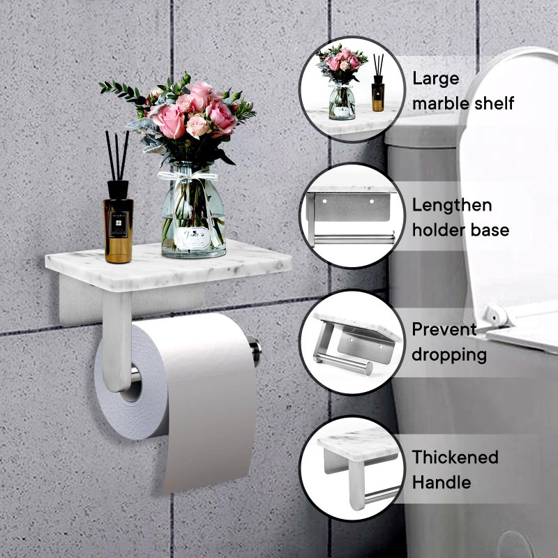 Nodafuer Toilet Paper Holder with Natural Marble Shelf for Bathroom Washroom Wall Mounted Tissue Holder Suitable for Mega Roll (Brushed Nickel Small 6.7 * 4.3 in) - Image 3