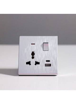 Milano Aura 13A Universal Socket With Neon & Usb Type A+C - Silver Finish Durable Fire Retardant Pc/Silver Point Red Copper Electrical Switches & Sockets| Home Electronic Accessories - 17.2X9X4Cm - pzsku/Z4D16A0A0D0E64C782C35Z/45/1749133100/2ac847a8-425a-4f29-bbf5-e08a5ec3190b