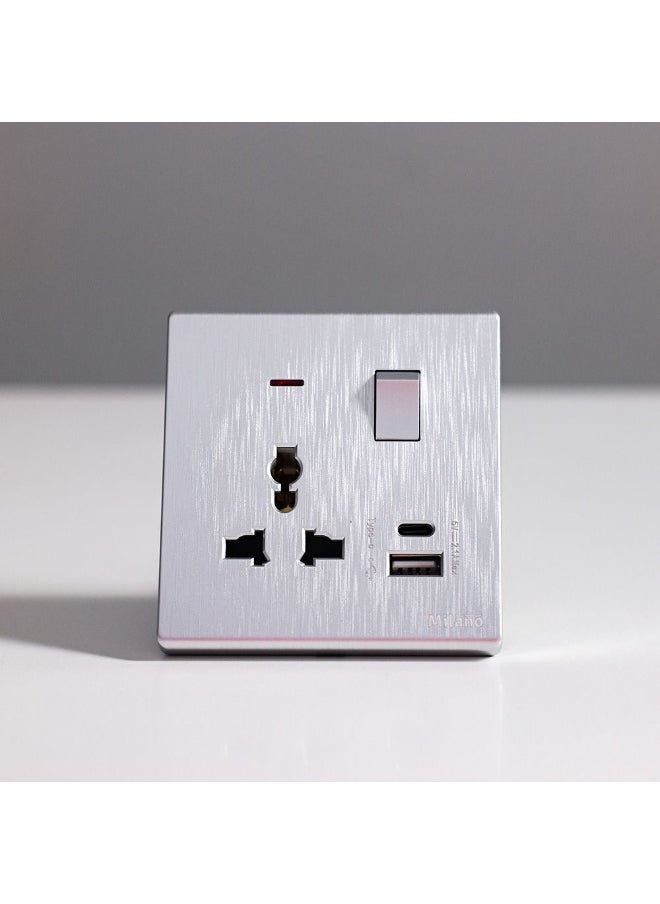 DANUBE HOME Milano Aura 13A Universal Socket With Neon & Usb Type A+C - Silver Finish Durable Fire Retardant Pc/Silver Point Red Copper Electrical Switches & Sockets| Home Electronic Accessories - 17.2X9X4Cm  - Image 1