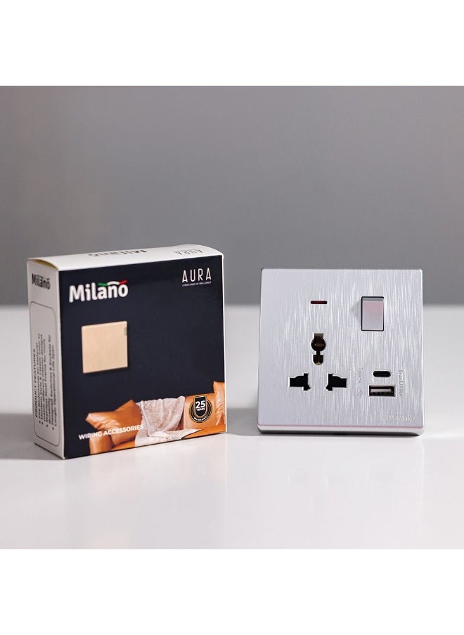 DANUBE HOME Milano Aura 13A Universal Socket With Neon & Usb Type A+C - Silver Finish Durable Fire Retardant Pc/Silver Point Red Copper Electrical Switches & Sockets| Home Electronic Accessories - 17.2X9X4Cm  - Image 3