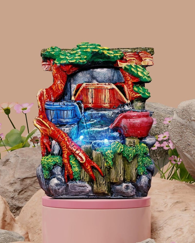 AquaDreams Vintage Style Classic 4Pots Polyresin Tabletop Indoor Waterfall Fountain with LED 28 x 20 x 12 cm for Home Decor Showpiece Fountain for Living Room House Gift Meditation Relaxation  - Image 1