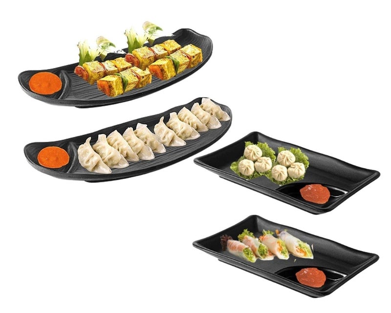 DECOR VIBES Melamine Rectangle French Fries, Momos, Rolls Serving Platter, Serving Dessert and Snacks Platter/Tray (Black, Pack of 4)