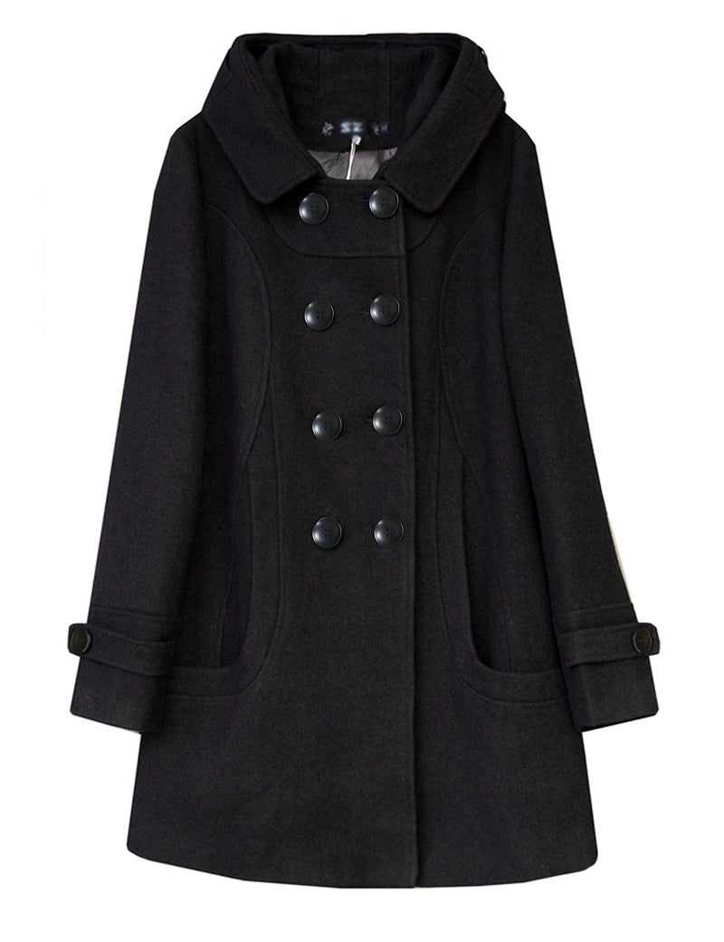 Tanming Women's Warm Double Breasted Wool Pea Coat Trench Coat Jacket with Hood (Black-L) - Image 3