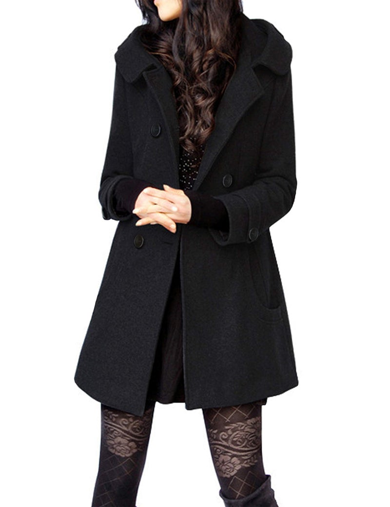 Tanming Women's Warm Double Breasted Wool Pea Coat Trench Coat Jacket with Hood (Black-L) - Image 1