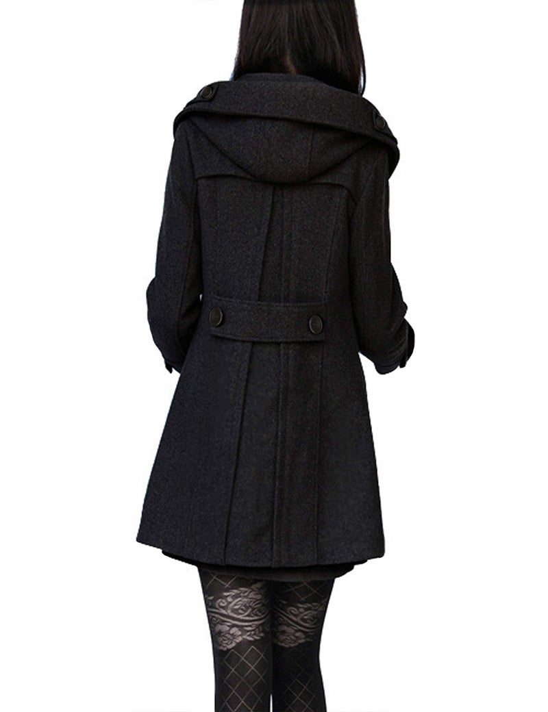 Tanming Women's Warm Double Breasted Wool Pea Coat Trench Coat Jacket with Hood (Black-L) - Image 2
