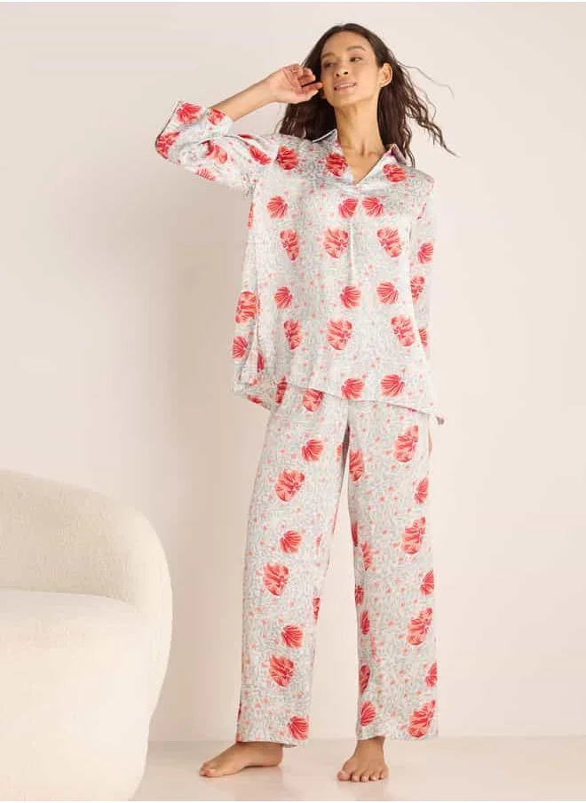 فاف Printed Collar Shirt and Pyjama Set