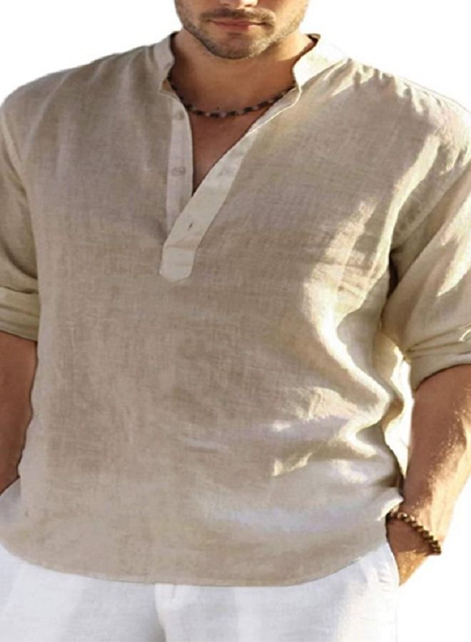 NIBEMINENT Men's Long Sleeve Loose Solid Color Linen Shirt 