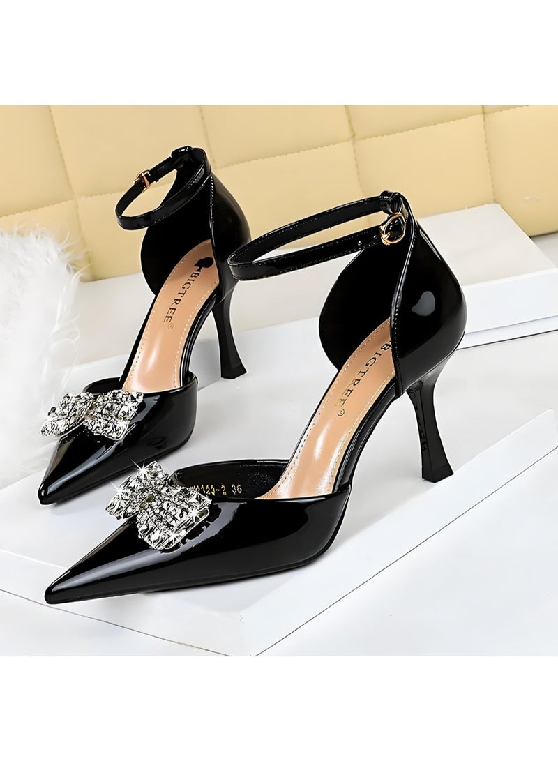 بيج تري مضخات الراينست النسائية مغلقة إصبع القدم عالية الكعب مع أحزمة الكاحل الأسود 8CM - Image 1