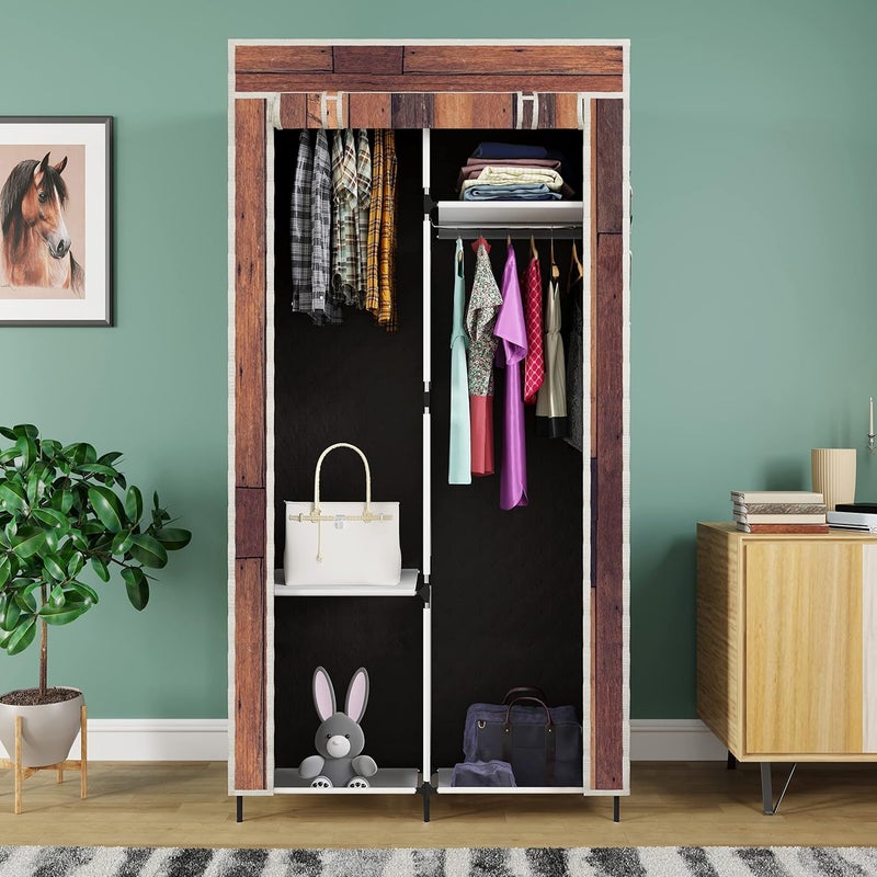Whitecloud TRANSFORMING HOMES Whitecloud TRANSFORMING HOMES Printed Collapsible Wardrobe Clothes Almira 2 Hanging Space 4 Shelves 1 Side Pocket NonWoven Fabric 100 GSM 20042 Wooden Brown  - Image 2