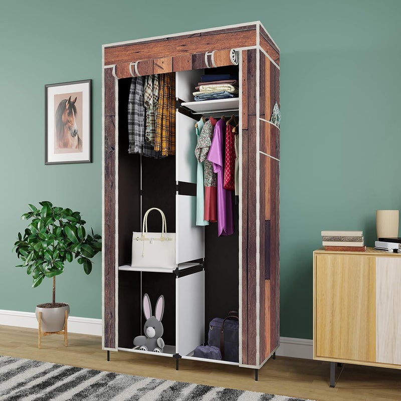 Whitecloud TRANSFORMING HOMES Whitecloud TRANSFORMING HOMES Printed Collapsible Wardrobe Clothes Almira 2 Hanging Space 4 Shelves 1 Side Pocket NonWoven Fabric 100 GSM 20042 Wooden Brown  - Image 1