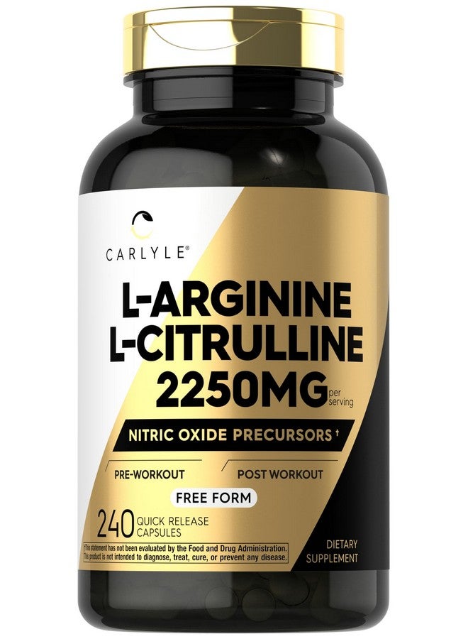 Carlyle مكمل كارلايل L-أرجينين L-سيترولين | 2250 ملغ | 240 كبسولة | مقدّمات أكسيد النيتريك | شكل حر | خالي من الكائنات المعدلة وراثيًا وخالي من الغلوتين - Image 1