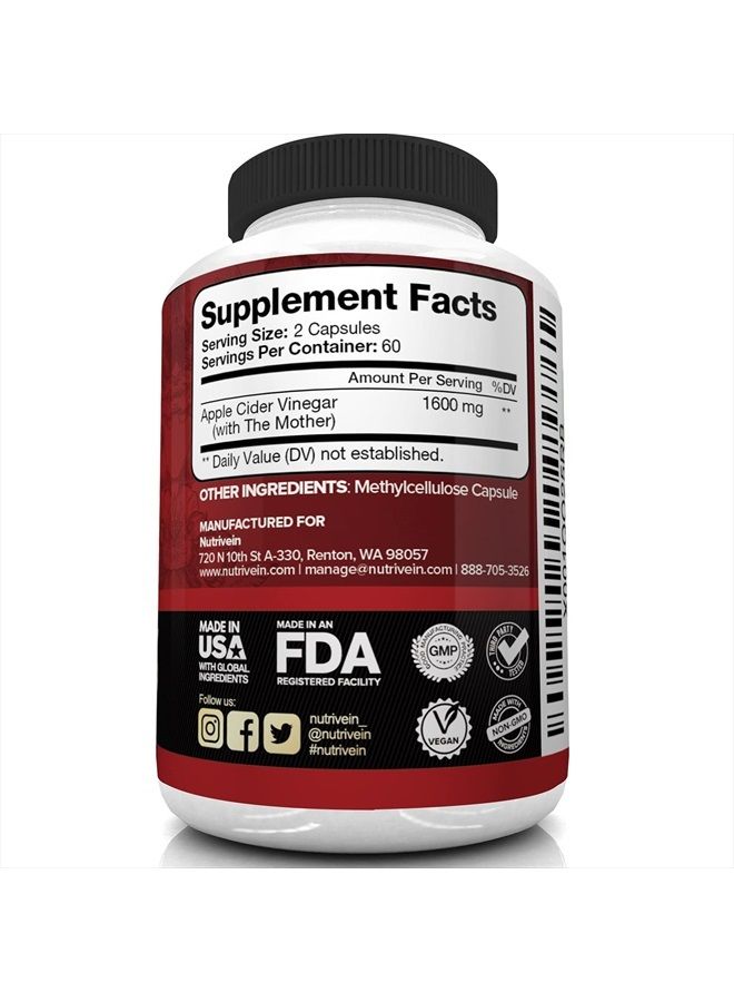 Nutrivein Apple Cider Vinegar Capsules with Mother - 1600mg - 120 Vegan Pills - Supports Healthy Weight Loss, Diet, Digestion, Keto, Cleanser - Best Supplement for Immune System - ACV Raw - Image 4