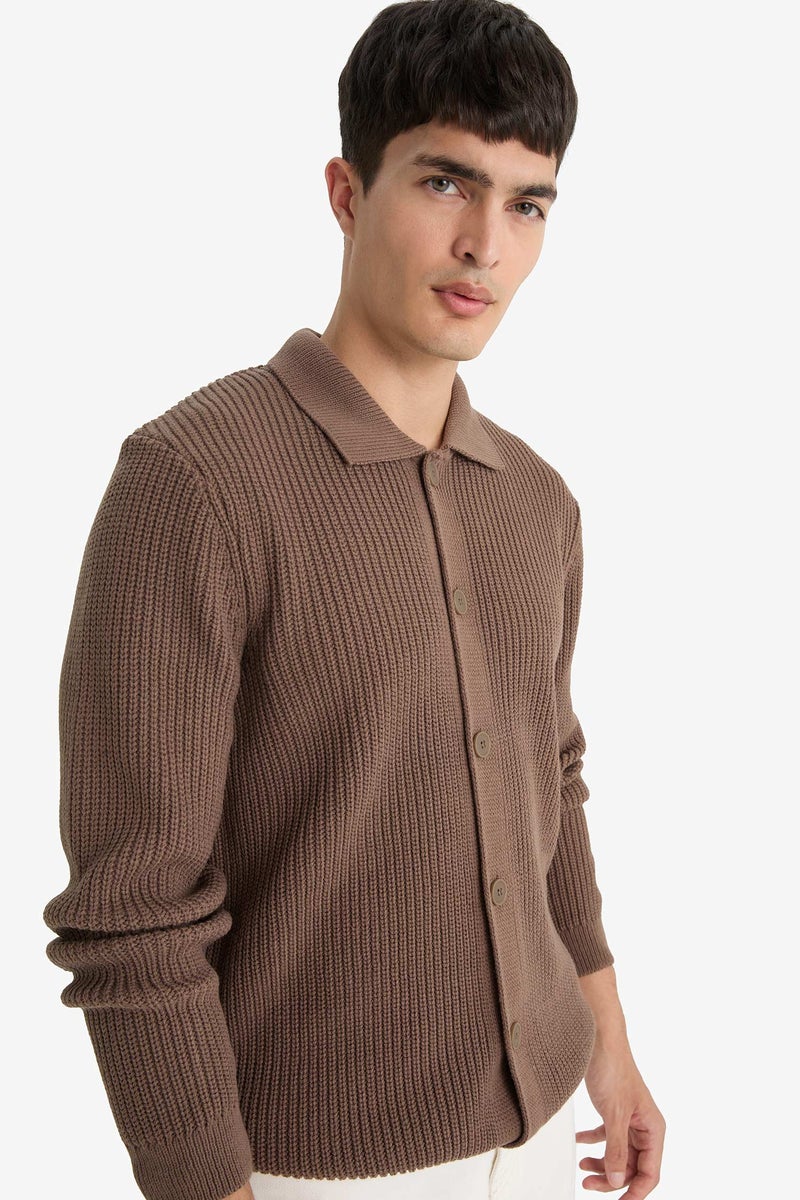 DeFacto Brown Man Standard Fit Polo Collar Knitwear Cardigan Casual - Image 1