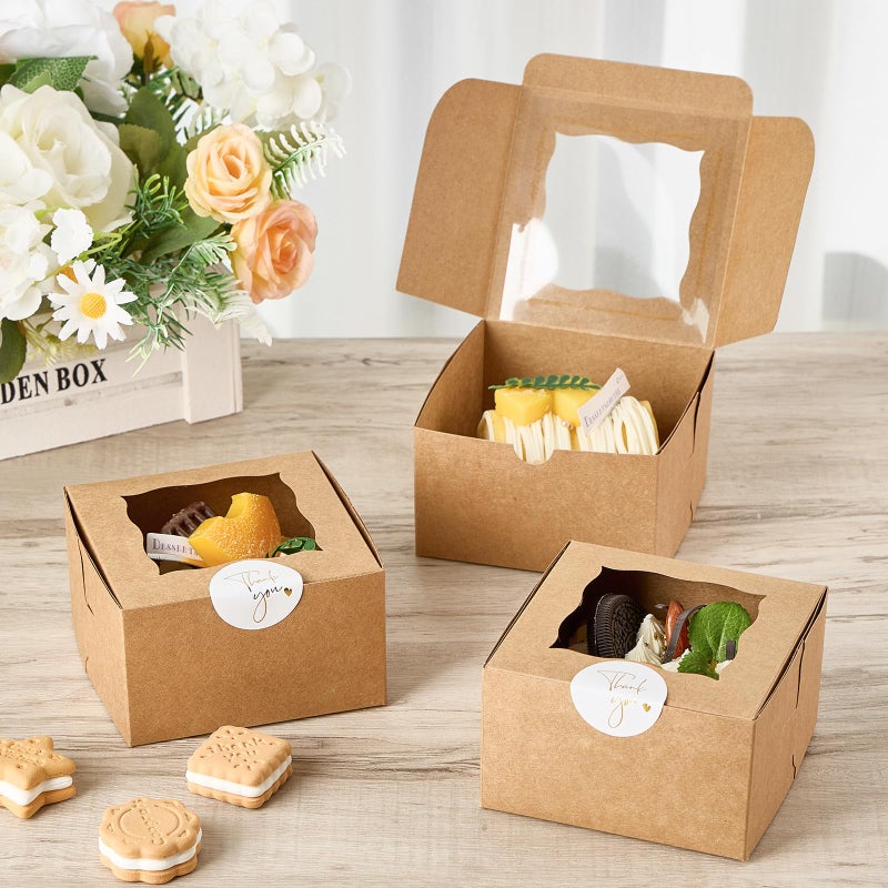 ZORRITA 24pcs Small Cookie Boxes with Window, 4x4x2.5 Inch Kraft Bakery Boxes with Stickers Dessert Treat Containers for Pastry Mini Cake Strawberry Donut Individual Cupcakee - Image 5