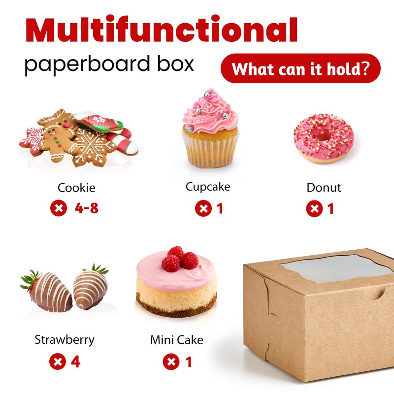 ZORRITA 24pcs Small Cookie Boxes with Window, 4x4x2.5 Inch Kraft Bakery Boxes with Stickers Dessert Treat Containers for Pastry Mini Cake Strawberry Donut Individual Cupcakee - Image 3