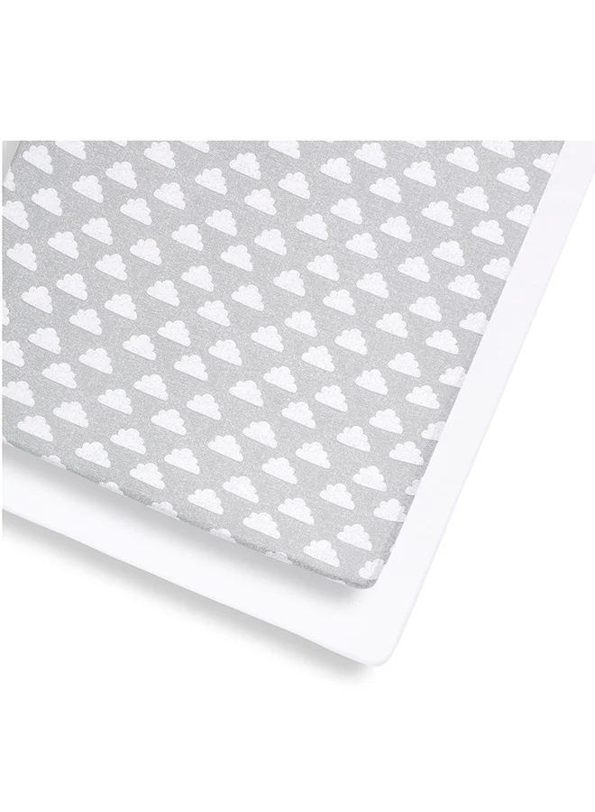 Snuz Pack of 2 Pod Moses Basket Pram Fitted Sheet, Fits Both Moses Basket And Pram, Long - Lasting Quality, Infant, Baby, Toddler, Kids, Patterncloud Nine, Fitted Sheet Size - 35X75Cm (Max.)