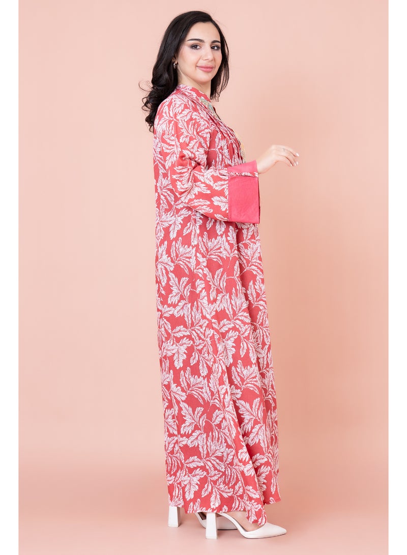 اكسا جلابية مطرزة نقوش ورق شجر - Image 3