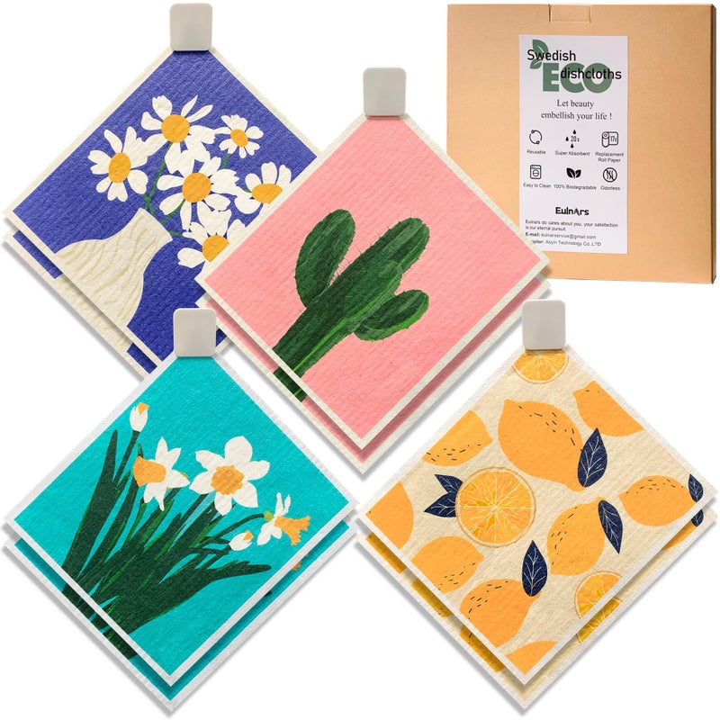 Eulnars Swedish Dishcloths for Kitchen, 8 Pack Reusable Paper Towels with Clips, Non-Scratch Swedish Dish Towels, Super Absorbent Cellulose Sponge Cloths, Assorted - Image 1