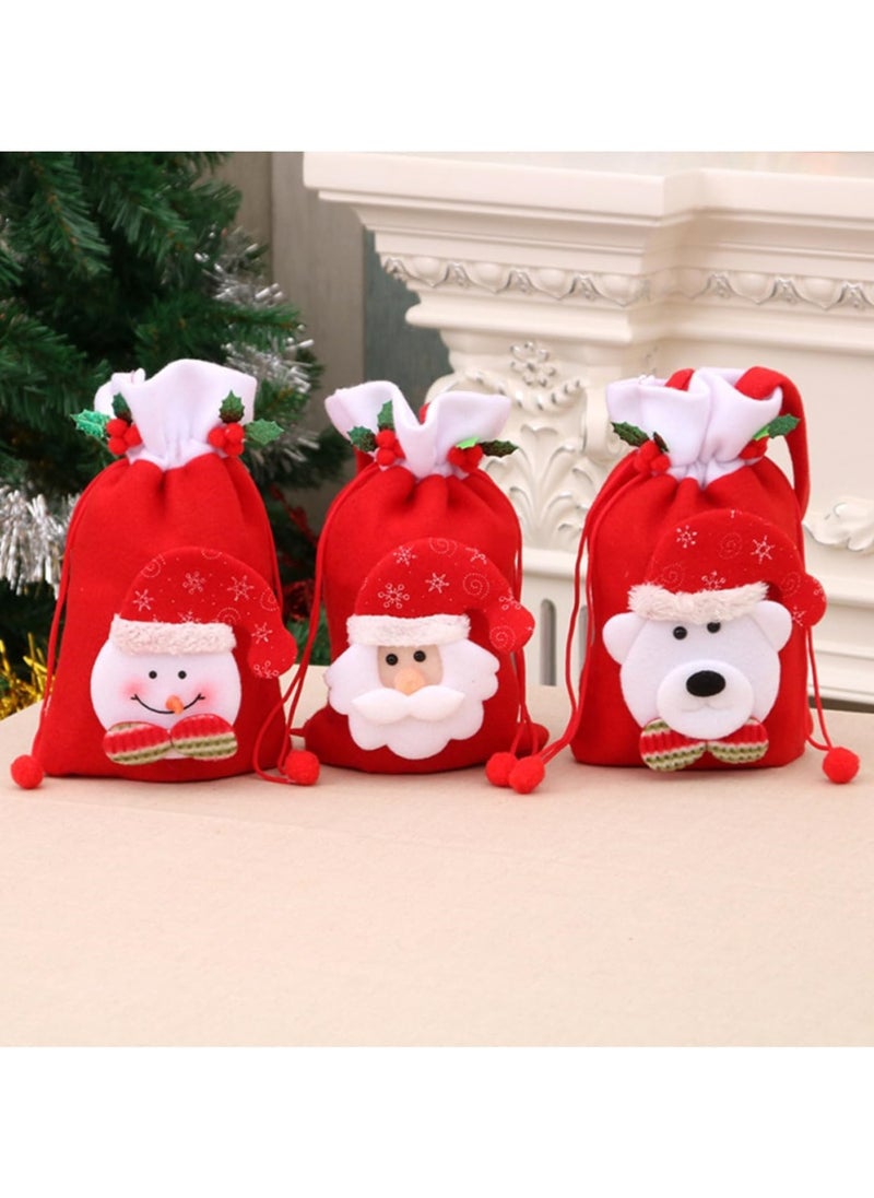 AUTOYSUR 3 Pcs Christmas Drawstring Gift Bags, 3D Design Fabric Christmas Candy Bags, Small Christmas Gift Bags, Xmas Apple Storage Bags  - Image 1