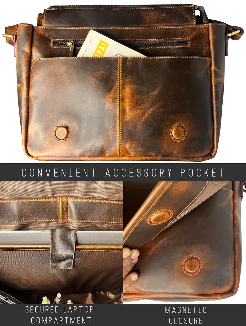 Rustic Town Leather Messenger Bag for Men 14" Leather Laptop Bag Vintage Crossbody Office Satchel Travel Shoulder Bag, Brown - Image 5