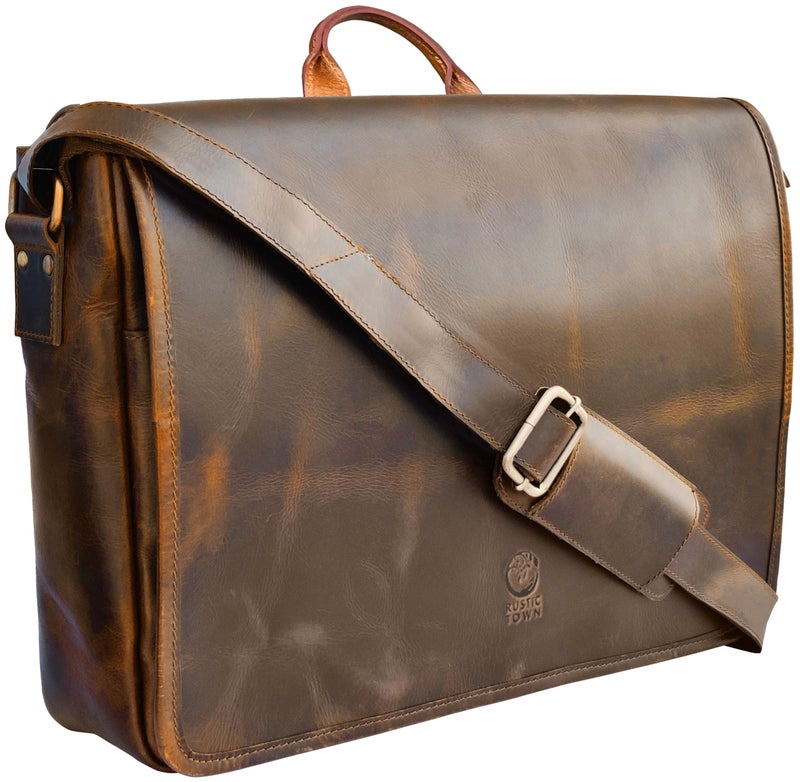 Rustic Town Leather Messenger Bag for Men 14" Leather Laptop Bag Vintage Crossbody Office Satchel Travel Shoulder Bag, Brown - Image 1