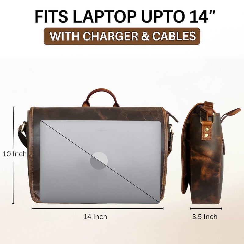 Rustic Town Leather Messenger Bag for Men 14" Leather Laptop Bag Vintage Crossbody Office Satchel Travel Shoulder Bag, Brown - Image 3