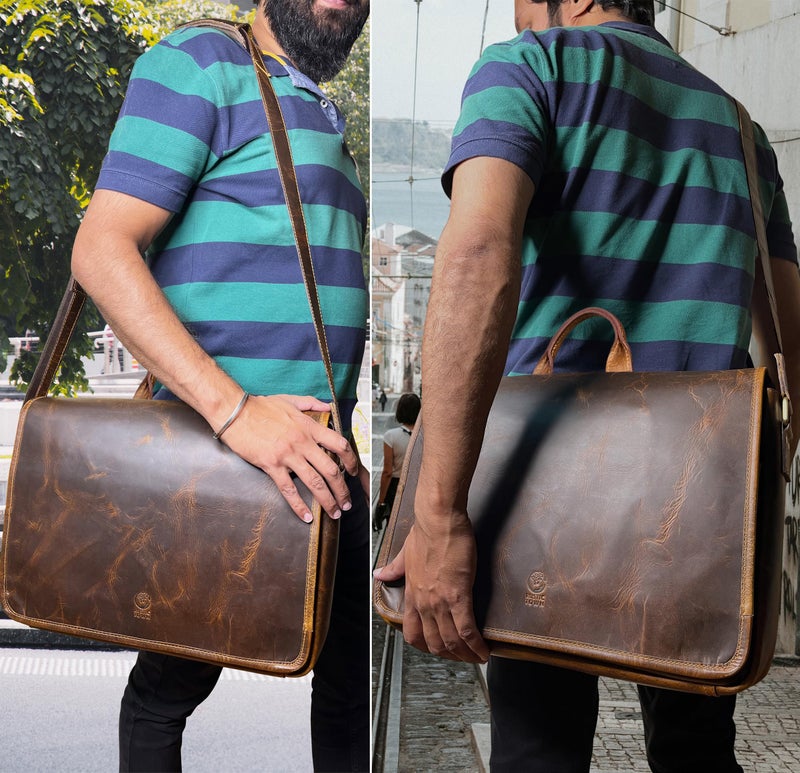 Rustic Town Leather Messenger Bag for Men 14" Leather Laptop Bag Vintage Crossbody Office Satchel Travel Shoulder Bag, Brown - Image 2