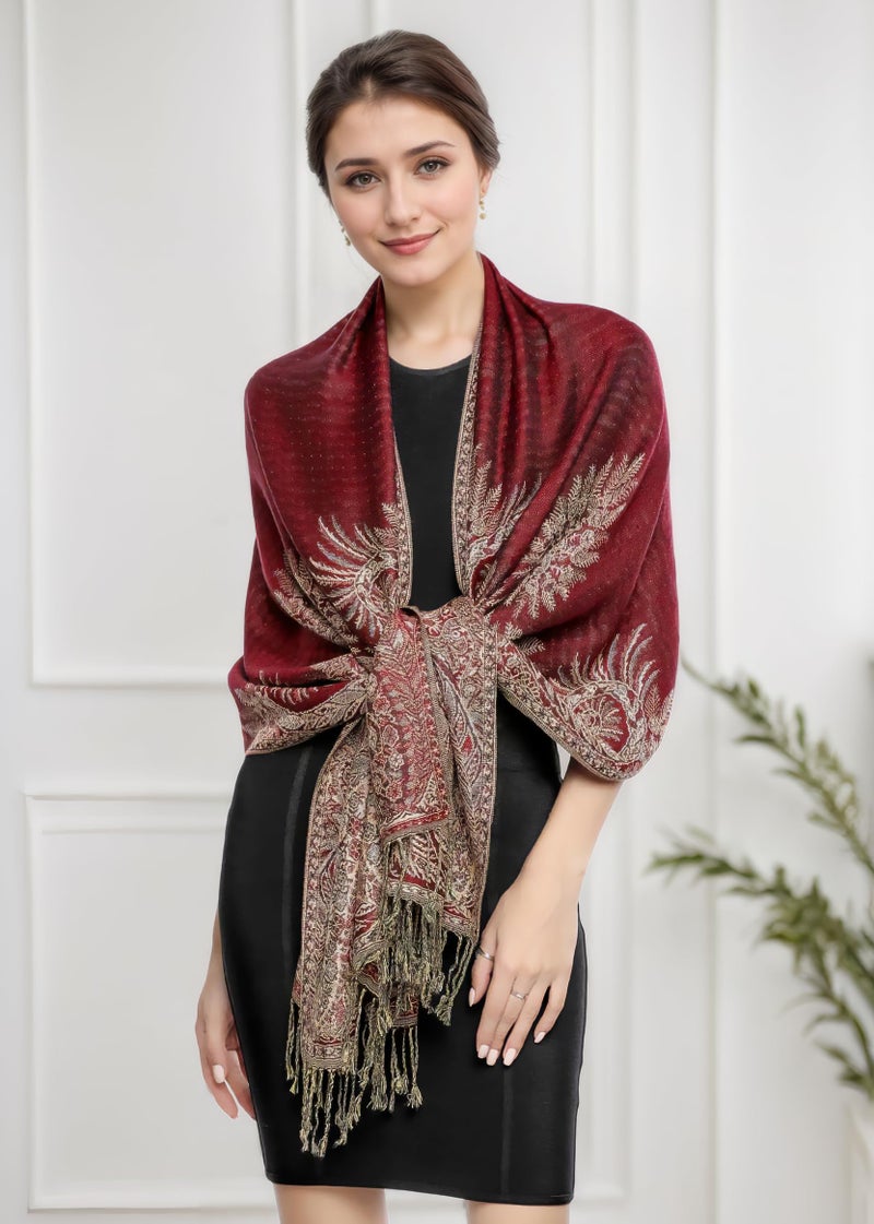 Achillea Luxurious Double Layered Jacquard Big Paisley Pashmina Shawl Wrap Scarf (Burgundy) - Image 4