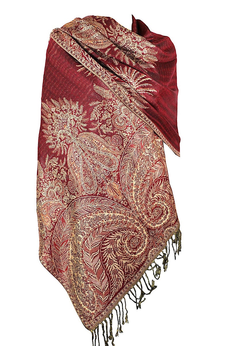 Achillea Luxurious Double Layered Jacquard Big Paisley Pashmina Shawl Wrap Scarf (Burgundy) - Image 1