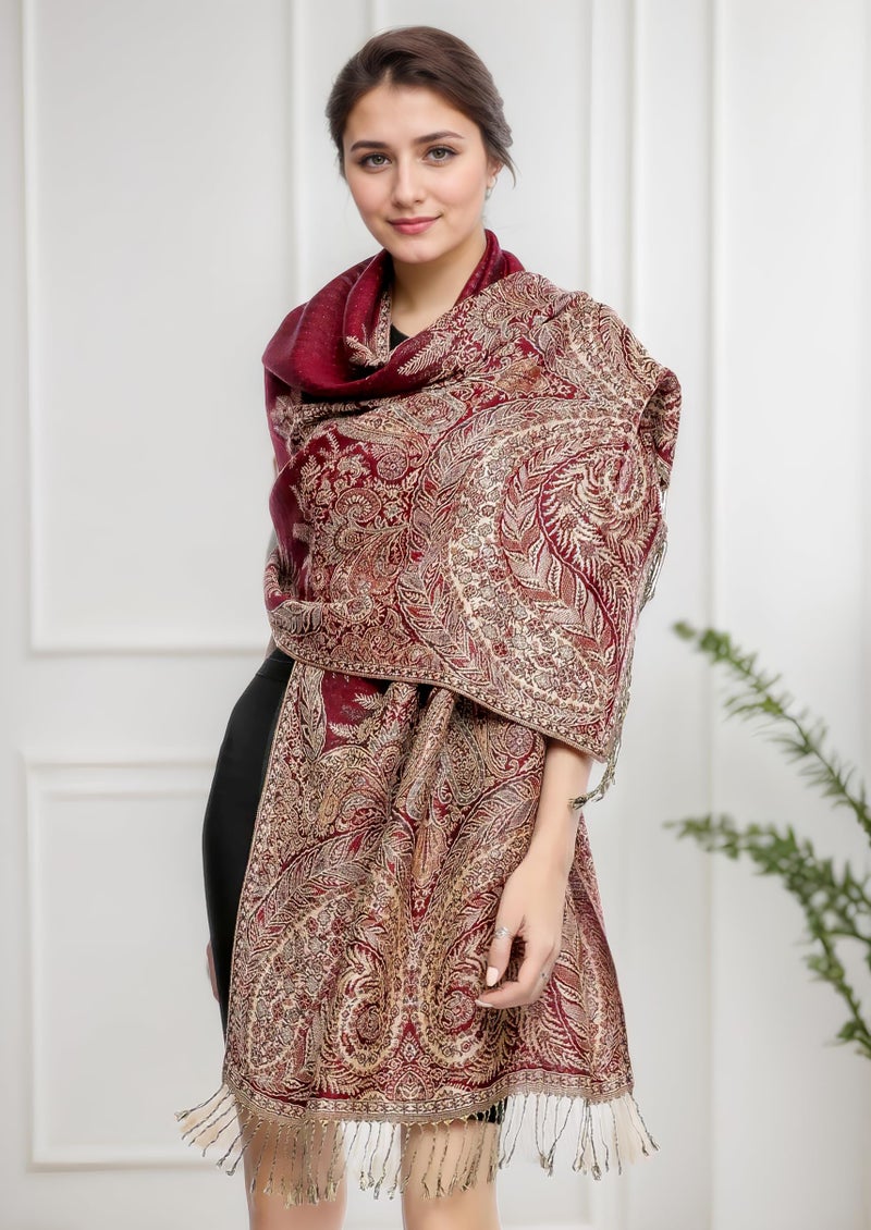 Achillea Luxurious Double Layered Jacquard Big Paisley Pashmina Shawl Wrap Scarf (Burgundy) - Image 3