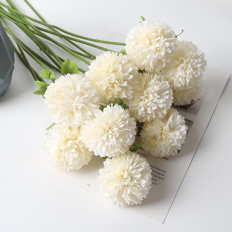 CCINEE 12Pcs Artificial Flowers Chrysanthemum Ball, Silk Floral Arrangement Fake Flowers Bouquet Long Stem Hydrangea for Home Office Coffee House Parties and Wedding Decor (White) - Image 4