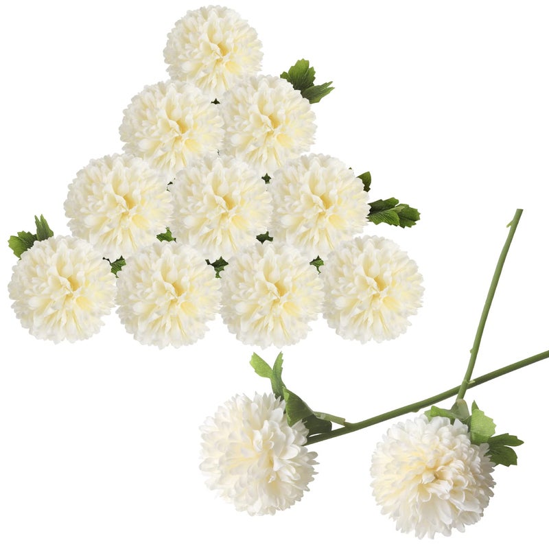 CCINEE 12Pcs Artificial Flowers Chrysanthemum Ball, Silk Floral Arrangement Fake Flowers Bouquet Long Stem Hydrangea for Home Office Coffee House Parties and Wedding Decor (White) - Image 1