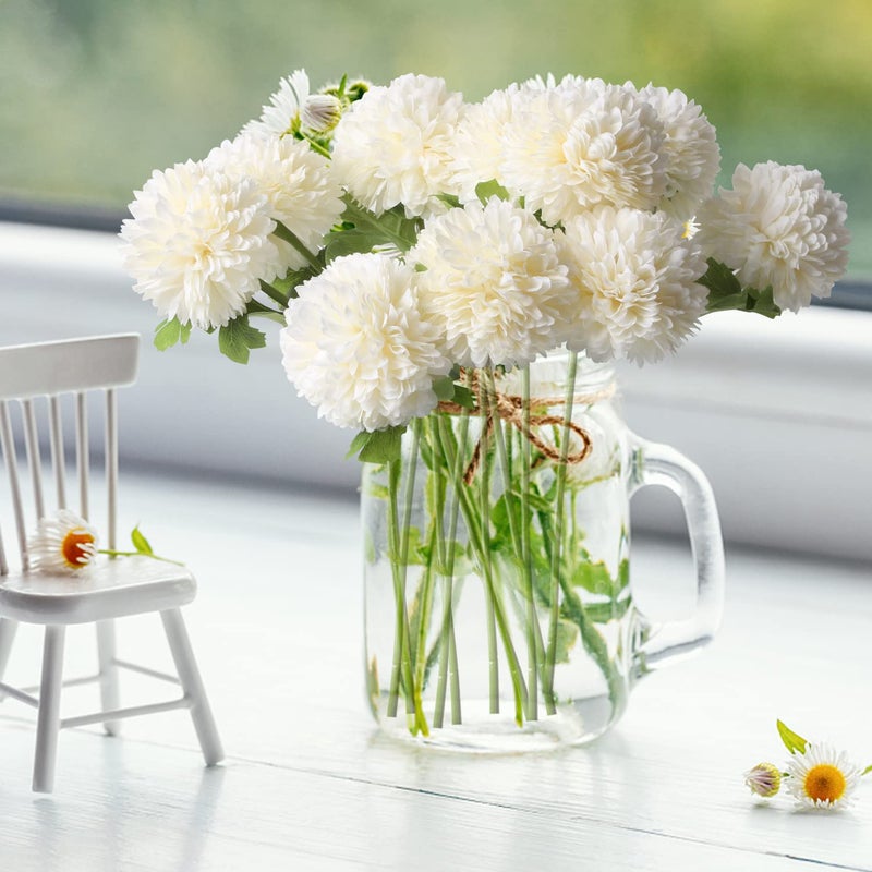 CCINEE 12Pcs Artificial Flowers Chrysanthemum Ball, Silk Floral Arrangement Fake Flowers Bouquet Long Stem Hydrangea for Home Office Coffee House Parties and Wedding Decor (White) - Image 5
