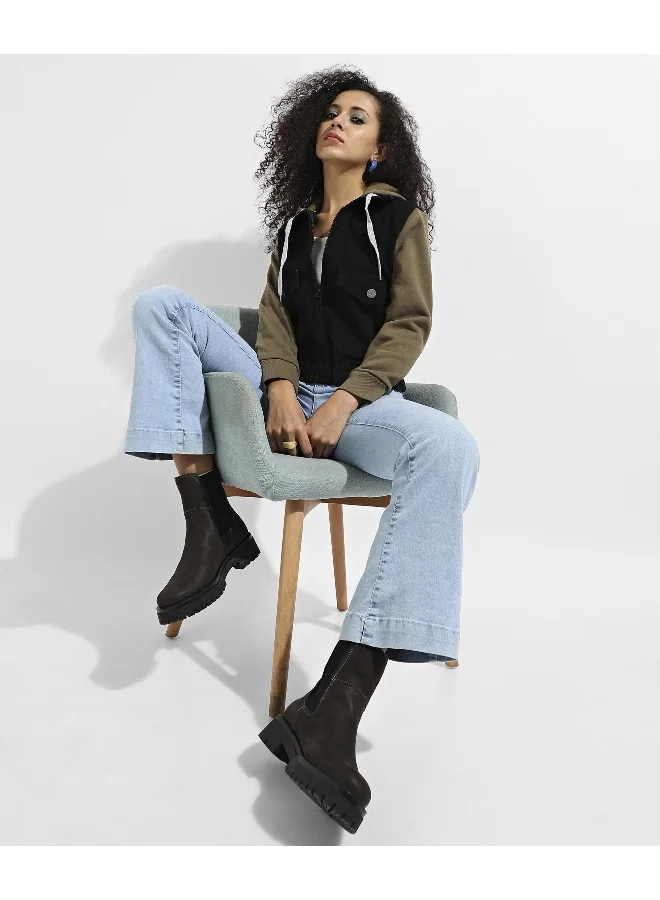 Pinacolada  Women's Black & Olive Green Denim Jacket With Sweatshirt Sleeve for Women | Best Price UAE