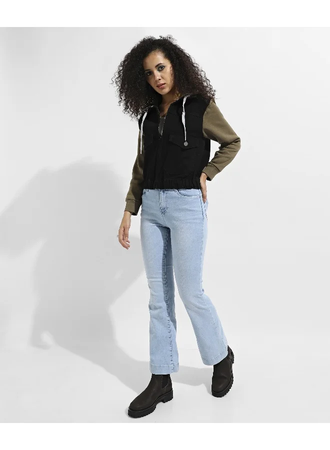 Campus Sutra Women's Black & Olive Green Denim Jacket With Sweatshirt Sleeve