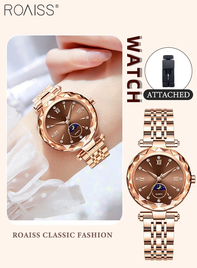 roaiss Women's Fashion Watch, Analog Display Round Dial with Moon Phase Design, Rose Gold Stainless Steel Strap Luxury Waterproof Wristwatch as Gift for Women - Image 1