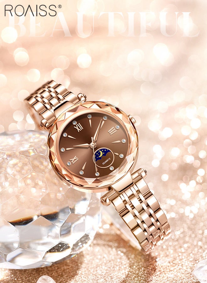 roaiss Women's Fashion Watch, Analog Display Round Dial with Moon Phase Design, Rose Gold Stainless Steel Strap Luxury Waterproof Wristwatch as Gift for Women - Image 2
