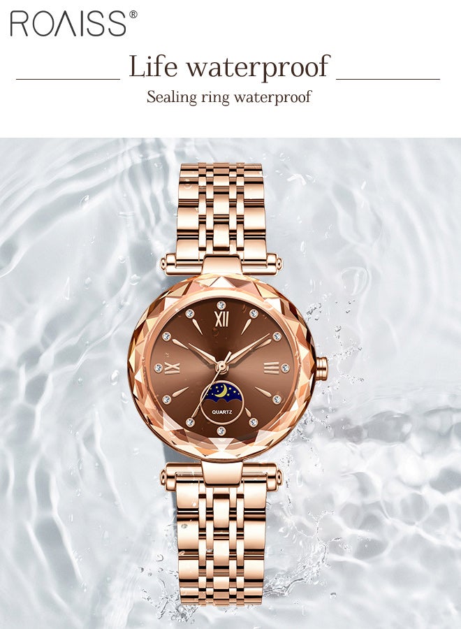 roaiss Women's Fashion Watch, Analog Display Round Dial with Moon Phase Design, Rose Gold Stainless Steel Strap Luxury Waterproof Wristwatch as Gift for Women - Image 5