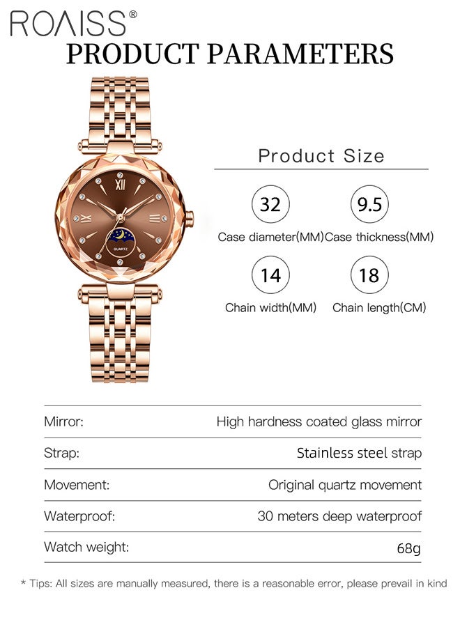 roaiss Women's Fashion Watch, Analog Display Round Dial with Moon Phase Design, Rose Gold Stainless Steel Strap Luxury Waterproof Wristwatch as Gift for Women - Image 4