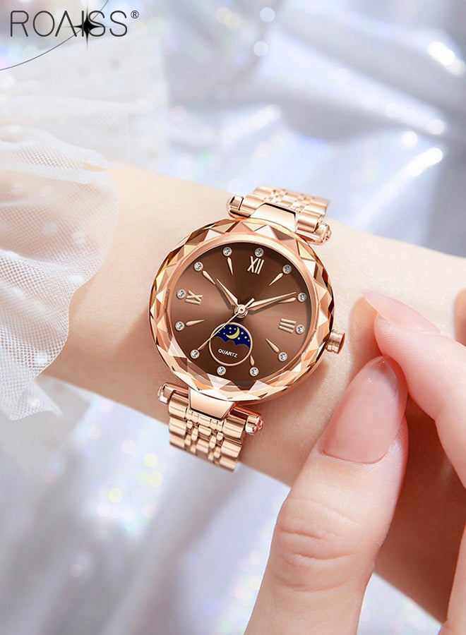 roaiss Women's Fashion Watch, Analog Display Round Dial with Moon Phase Design, Rose Gold Stainless Steel Strap Luxury Waterproof Wristwatch as Gift for Women - Image 3
